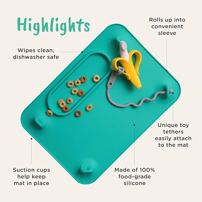 BUSY BABY New Parent Start Up Kit - Original Placemat, Mini Mat, Teether Spoon, Toy Bungee, Bottle Bungee, 6 Straps (Pewter)