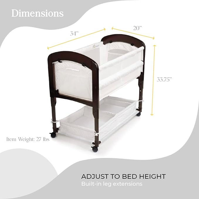 Arm’s Reach Cambria Co-Sleeper Bedside Bassinet Featuring Height-Adjustable Legs, Curved Wooden Ends, Breathable Mesh Sides with Pockets, and Large Lower Storage Basket, Espresso and White