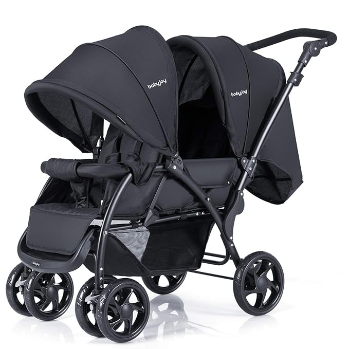 BABY JOY Double Stroller, Foldable Lightweight Twin Stroller with Tandem Seating, Adjustable Backrest/Canopy/Footrest, 5-Point Harness, Storage Basket, Newborn and Toddler (Black)