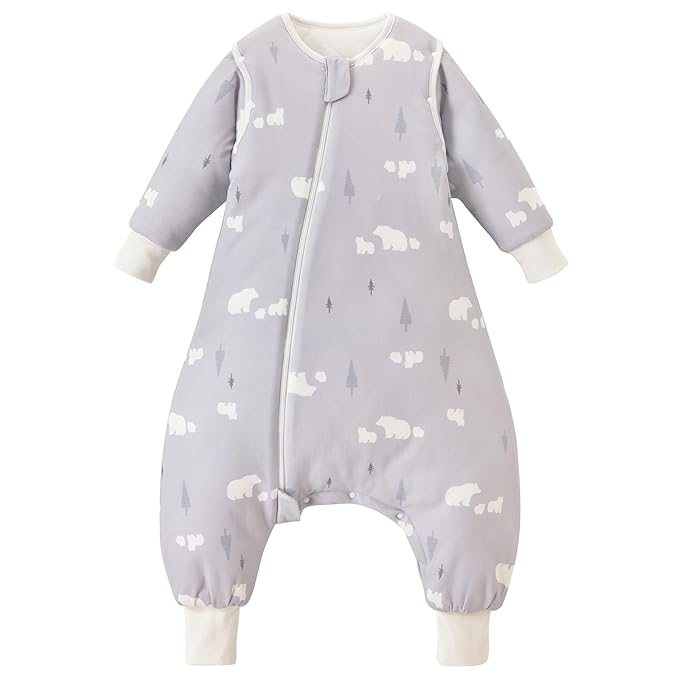 3.5 TOG Super Soft Thick Detachable Long Sleeves Sleep Sack with Feet, 100% Cotton Winter Warm Toddler Sleep Sack, Bear, Size L