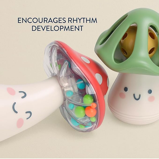 Itzy Ritzy Mini Maracas Musical Rattle Toy – Sensory Baby Toy with Rattle Beads & Jingle Ball for Motor Skills & Auditory Development – for Ages 0 Months and Up (Mushroom)