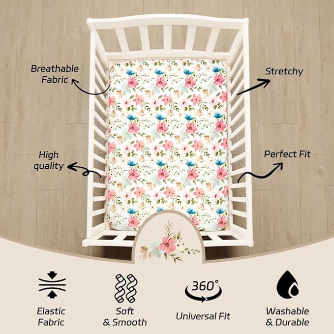 4 Pack Baby Girl Pack N Play Mini Crib Sheets Set Soft Fitted Floral Theme Baby Girl Mattress Covers Breathable Toddler Bed Sheets for Infant or Newborn(Flower, Pack N Play Mini Crib Sheets)