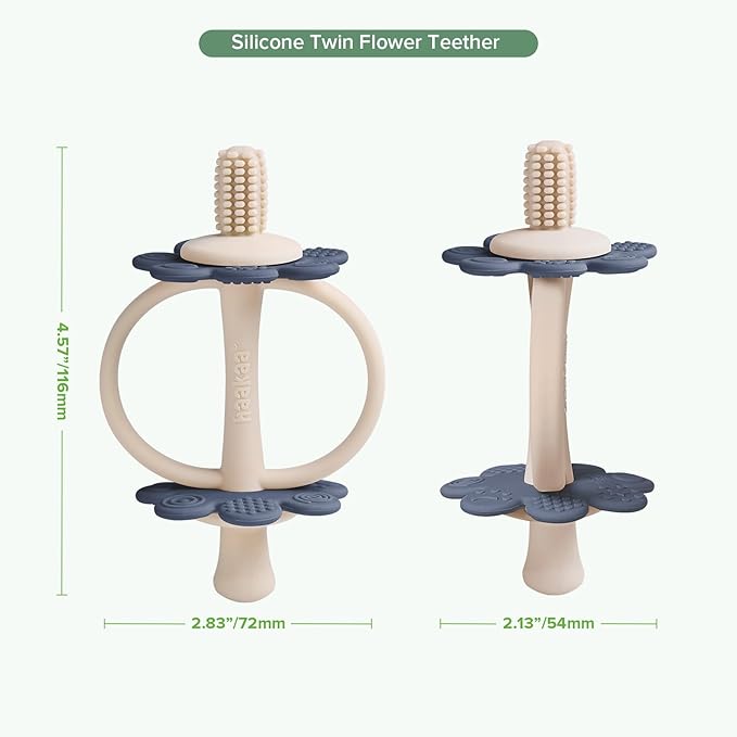 haakaa Silicone Twin Flower Teether,Nipple-Shaped End for Gum Massage,360Β° Baby Toothbrush Head for Self-Brushing Training,Easy to Grip-Steel Blue