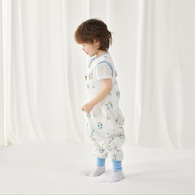 2 Pack Super Soft 0.5 TOG Sleep Sack with Legs, 100% Organic Cotton Side Open Toddler Sleep Sack with Feet, Bear & Bluebell, Size M