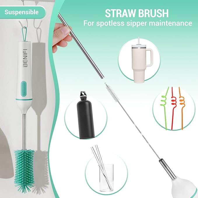 Travelling Electric Bottle Brush Cleaner, Baby Bottle Brush Set, Fully Water -Proof Bottle Brush, Long Handle Brush, BPA Free Silicon Brush Heads, Drying Stand, Milk Mixer, Egg Whisk Included