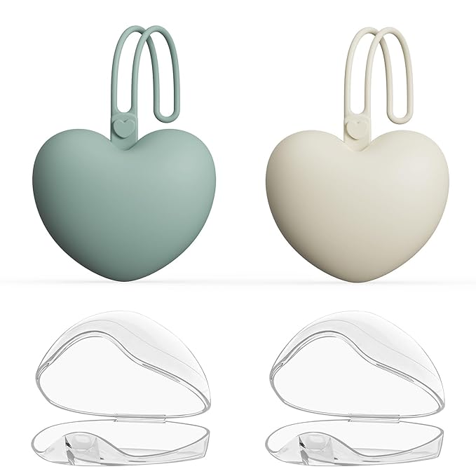 4pcs Pacifier Holder Case Set, 2pcs Silicone Portable Pacifier Pouch and 2pcs Transparent Pacifier Storage Container, Cute Heart Shape Pacifier Storage Case for Newborn Baby(Green+Khaki)