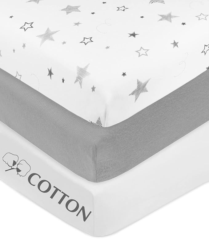 American Baby Company 3 Pack 100% Natural Cotton Fitted Crib Sheets 52" x 28" - Soft, Breathable, Hypoallergenic & Gentle Toddler Bed Sheets, Super Stars/Gray/White, Neutral for Boys & Girls