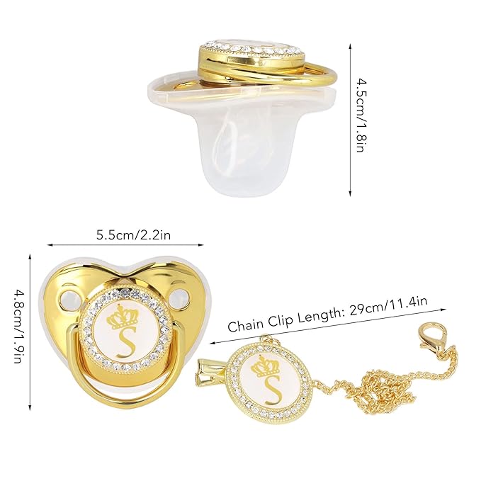 Personalized Golden Letter Baby Pacifier with Bling Design, Clips, Anti-Dust Cover for Newborn Photography, Size S