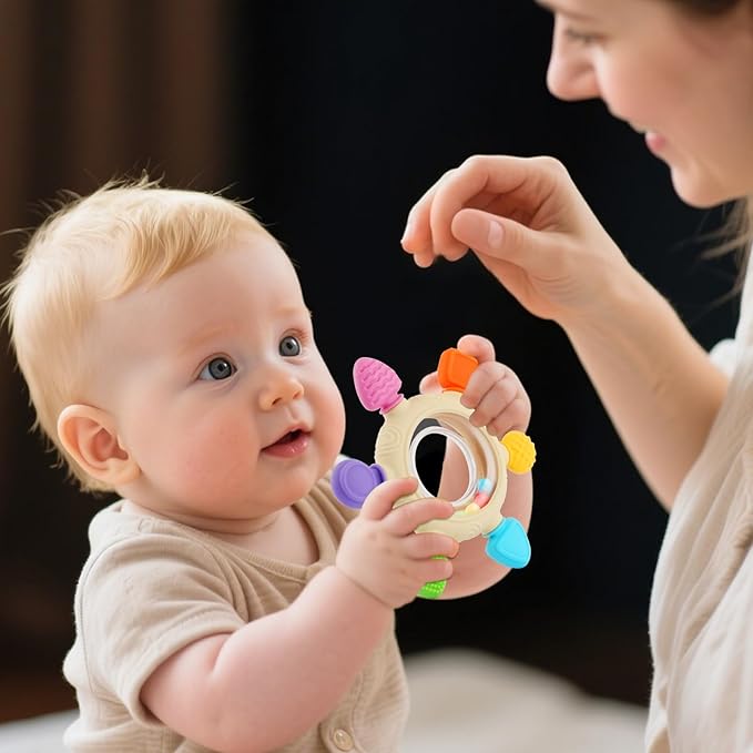 Baby Teething Rings Toys for 0-6 6-12 Months Baby Rattle Teether Sensory Toys for Babies 0-24Months Silicone Teether Relief Chew Soothing Sore Gums for Newborn Infant Essentials BPA Free