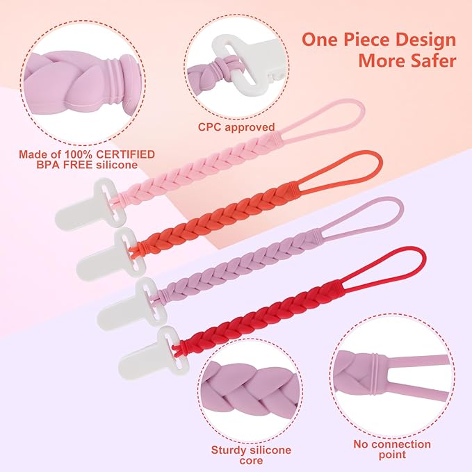 4-Pack Silicone Pacifier Clips with a Woven Rope Shape for Baby Boys and Girls - Flexible and Rust-Free Holders for Teething Relief and Baby Essentials, Safe for Newborns (Pink)