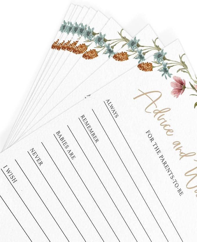 Printed Party Advice & Wishes for The New Parents – Baby Shower Advice Cards, Wishes for Mommy & Daddy, Gender Reveal Boy or Girl, Wildflower Garden Theme, 30 Cards