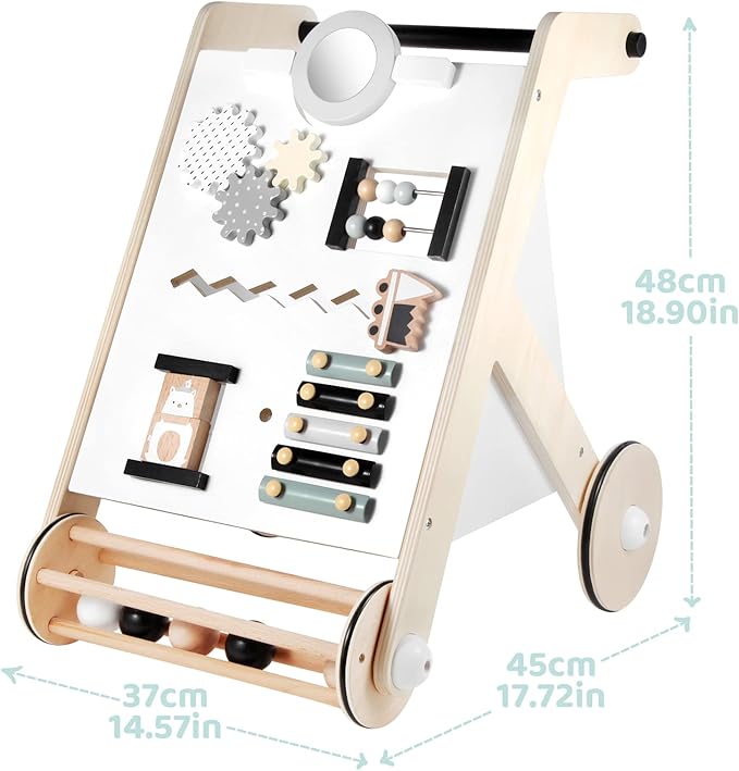 Beright Wooden Baby Walker with Roller, Push and Pull Learning Activity Walker, Multi-Functional Kidsโ Activity Toy, Multiple Activities Center, Develops Motor Skills & Stimulates Creativity, Natural
