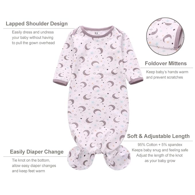 Newborn Knotted Nightgown Long Sleeve with Matching Hat Set 3 Pack, Cotton Baby Sleeper Gowns Sleeping Bags Home Outfits Set with Mitten Cuffs for Boys Girls (Moon + Star + Planet, 0-6 Months)