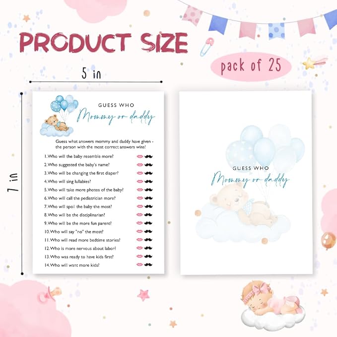 Guess Who Mommy or Daddy Baby Shower Game, 25 Double-Sided Blue Bear Games for Boys, Interactive Baby Boy Party Supplies, Baby Boy Celebrations - B02