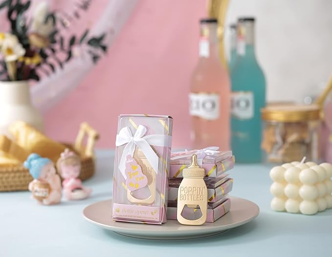 24PCS Golden Baby Bottle Openers for Baby Shower Favors Gifts, Baby Shower Decorations Souvenirs, Poppin Bottles Openers with Exquisite Gifts Box used for Guests Gender Reveal Party (24, pink)