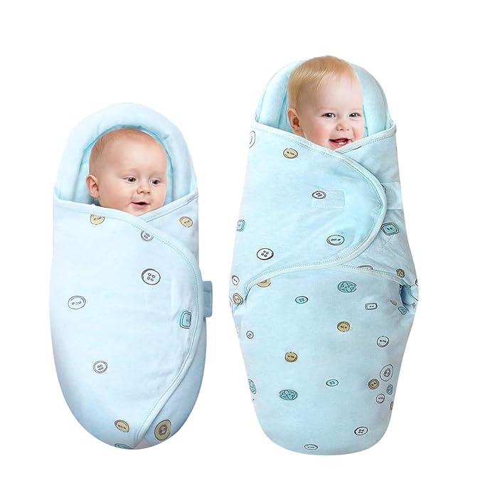 Organic Cotton Baby Swaddle Blankets, Unisex Baby Blanket Wrap for Newborn Baby Boys Girls, Skin Friendly Wearable Swaddling Sleep Sack Calms Startle Reflex (Button, Blue, 0-3 Months + 3-6 Months)