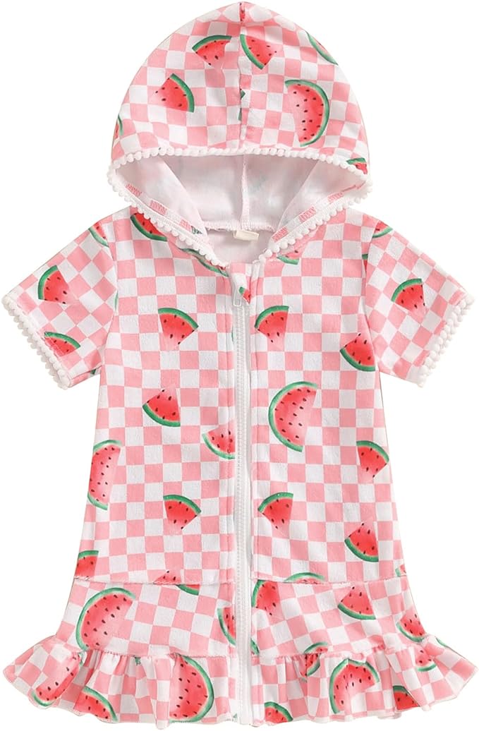 Girls Hooded Zip Terry Coverups Swimsuit Kids Baby Girl Floral Print Short Sleeve Swim Cover-Up Swimwear
