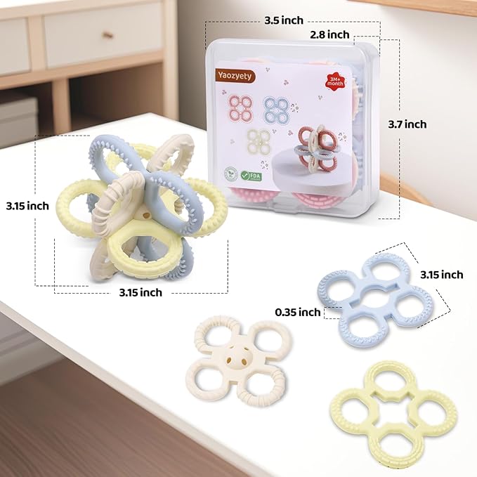 Baby Teething Toys 3 in 1 Silicone Teethers - BPA Free Food Grade Silicone Teething Ring Rattle Toys for Babies 3-6 Months 6-12 Months, Soft & Easy Hold, Baby Chew Toy for Toddlers (Yellow)