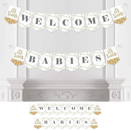 Big Dot of Happiness - It's Twins - Gold Twins Baby Shower Bunting Banner - Party Decorations - Welcome Babies