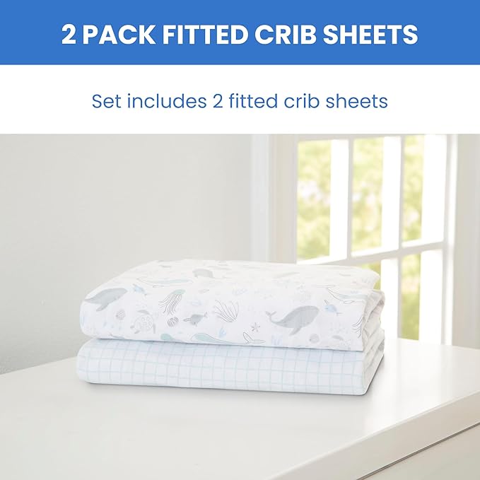 Delta Children Fitted Crib Sheets for Girls and Boys - 100% Organic Cotton Crib Sheet for Standard Crib and Toddler Mattresses - 28x52 Inch- GOTS Certified (Pack of 2), Sea Life
