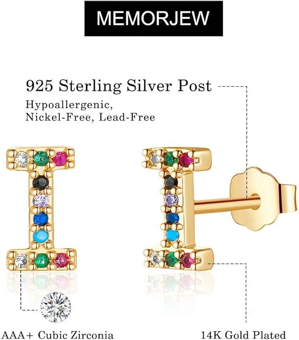 Memorjew Initial Stud Earrings for Women, Hypoallergenic 925 Sterling Silver Post Rainbow Cubic Zirconia Gold Plated 26 Initial Earrings for Women Jewelry Gifts