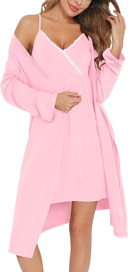 SWOMOG Womens Maternity Robe 2 Piece Nursing Nightgown for Breastfeeding 3 in 1 Labor Delivery Nursing Dress Lace Bathrobe