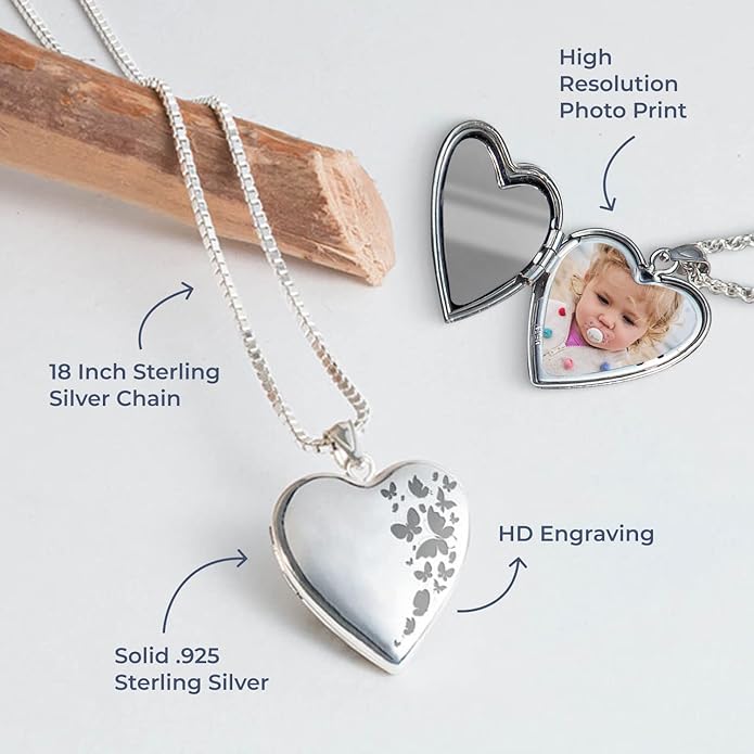 PicturesOnGold.com Personalized Heart Shaped Butterflies Photo Locket Necklace - 3/4 inch x 3/4 inch - Includes 18 inch Chain - Custom Engraved Picture Locket Necklace for Women