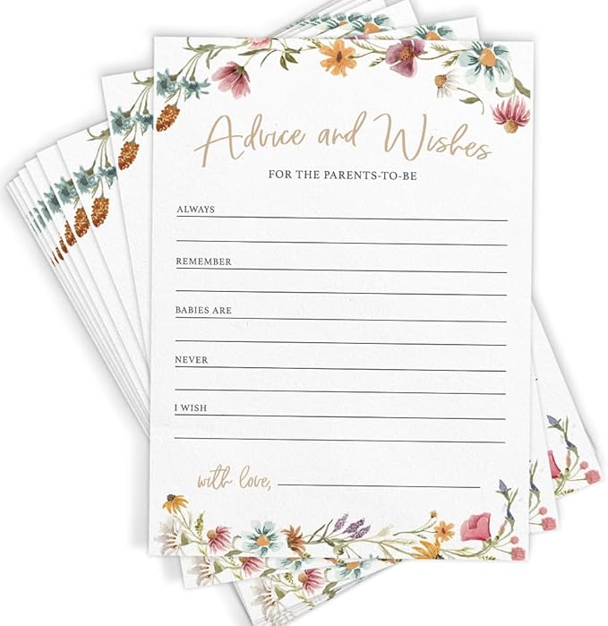 Printed Party Advice & Wishes for The New Parents – Baby Shower Advice Cards, Wishes for Mommy & Daddy, Gender Reveal Boy or Girl, Wildflower Garden Theme, 30 Cards