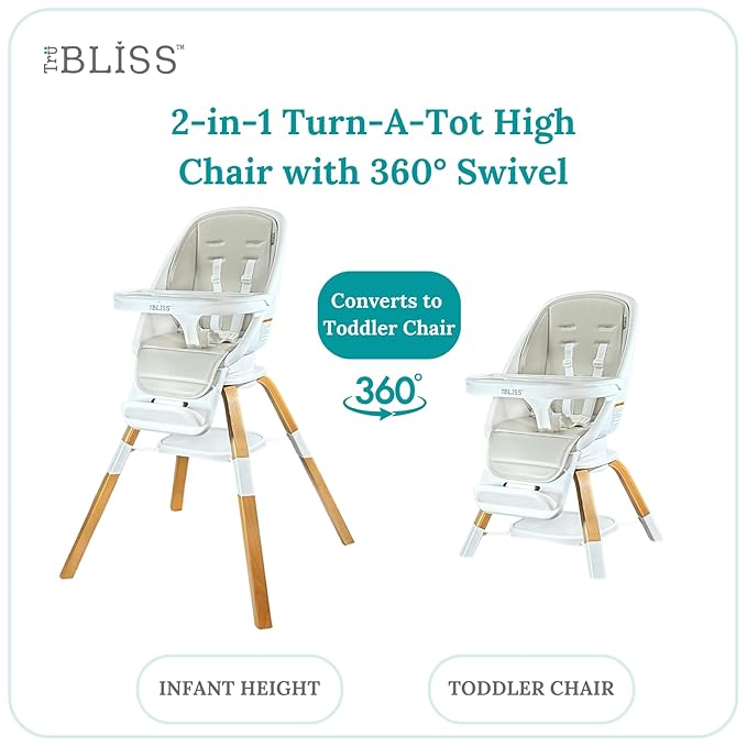 Turn-A-Tot High Chair for Babies and Toddlers, 2 in 1 Wooden Portable Baby Feeder or Adjustable Child's Seat with 360 Degree Swivel, Removable Tray, and Pad (Grey Taupe)