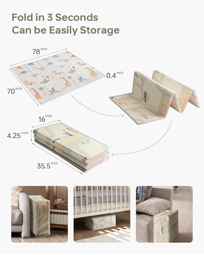 Baby Play Mat Foldable Baby Floor Play Mat X-Large Soft Foam Playmat for Babies Reversible Waterproof Padded Baby Girl Play Mat Portable Thick Crawling Mat for Indoor Outdoor(70"*78"*0.4")