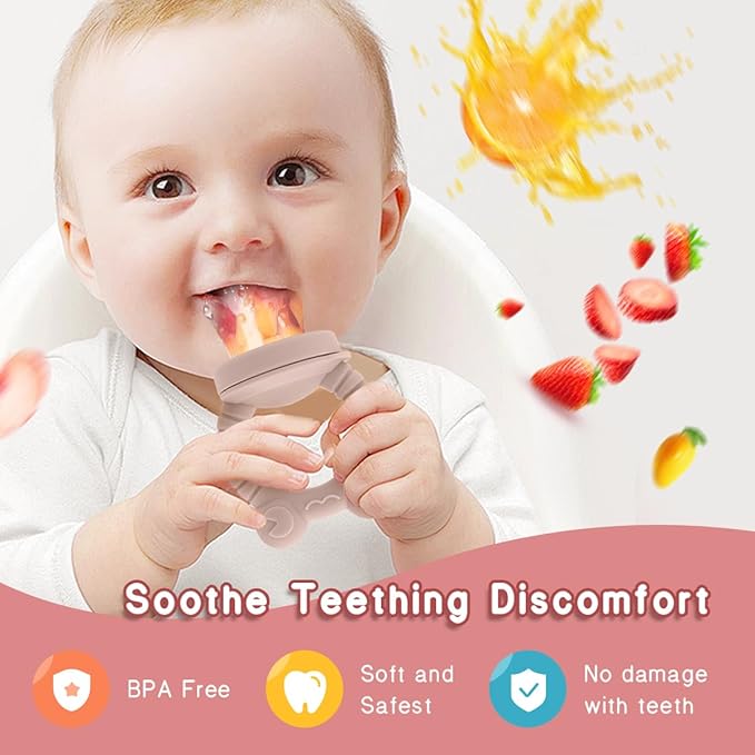 Baby Solids/Frozen Fruit Feeder Pacifier, Infant Teether Toy 4M+, BPA-Free Silicone Pouch & Nipple, Safely Introduce Solids, Teething Relief, 2-Pack - Pink/Yellow (Frog)