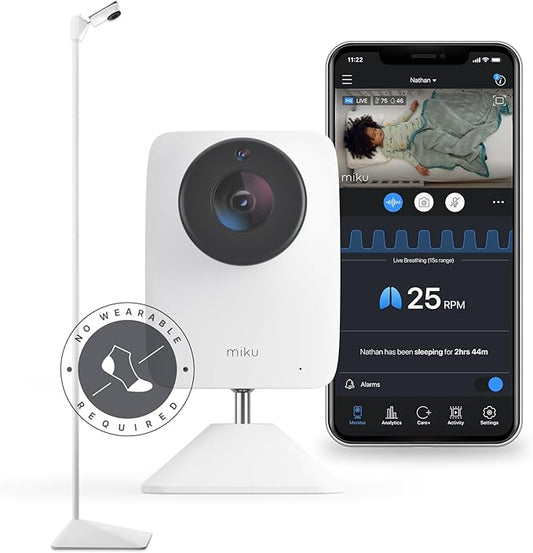 Miku Pro Upgraded Smart Baby Monitor with Camera, Wall Mount and Floor Stand, Real-Time Breathing and Sleep Tracking, Contact-Free Alerts, Sleep Analytics for Infants, Requires Paid Membership