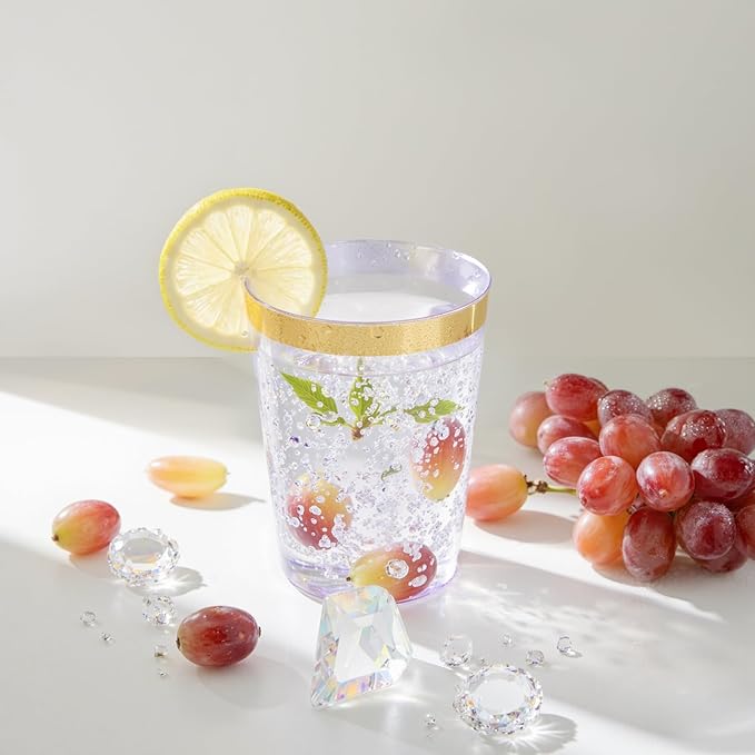 supernal 100 Pack Purple Plastic Cups - 10 Oz Clear Disposable Cups with Gold Trim,Clear Purple Plastic Cocktail Glasses Perfect for Weddings,Birthday,Parties & Elegant Events,Disposable Wine Glasses