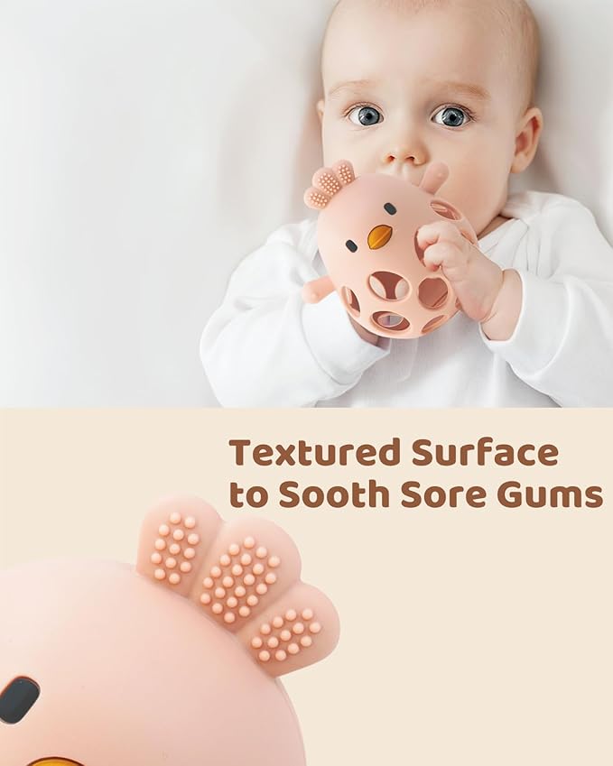 Baby Teething Toy, Easy-to-Grasp Sensory Teether for Infants 3–12 Months, 100% Food-Grade Silicone, Teething Relief & Developmental, BPA Free (Pink)
