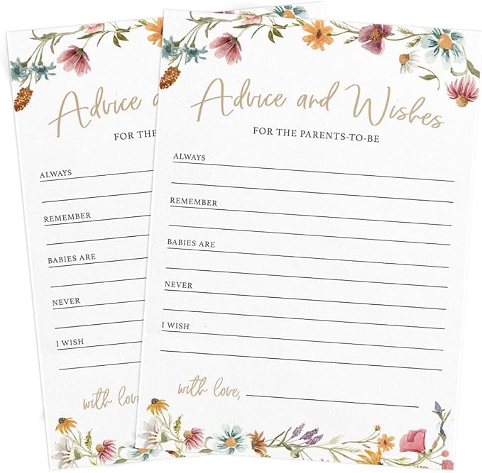 Printed Party Advice & Wishes for The New Parents – Baby Shower Advice Cards, Wishes for Mommy & Daddy, Gender Reveal Boy or Girl, Wildflower Garden Theme, 30 Cards