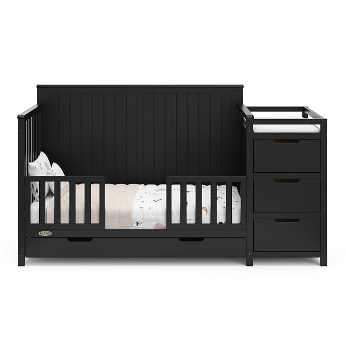 Graco Hadley All-in-One Convertible Crib & Changer (Black) – GREENGUARD Gold Certified, Fits Standard Crib Mattress, Converts to Toddler Bed and Full Bed, 4 Adjustable Mattress Heights