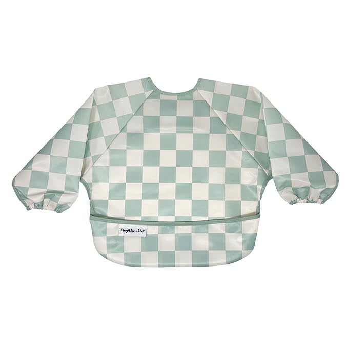Tiny Twinkle Mess Proof Baby Bib,Waterproof Smock Baby Bib for Eating,Machine Washable Long Sleeve Bib,Baby Led Weaning,Toddler Bib (Checkers Sage, Large 2-4 Years)