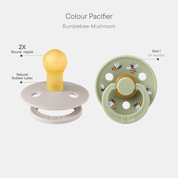 BIBS Colour Studio Soother 2-Pack, BPA Free Dummy Pacifier, Round Nipple. Natural Rubber Latex, Made in Denmark, Size 1 (0-6 Months), Mushroom/Sage
