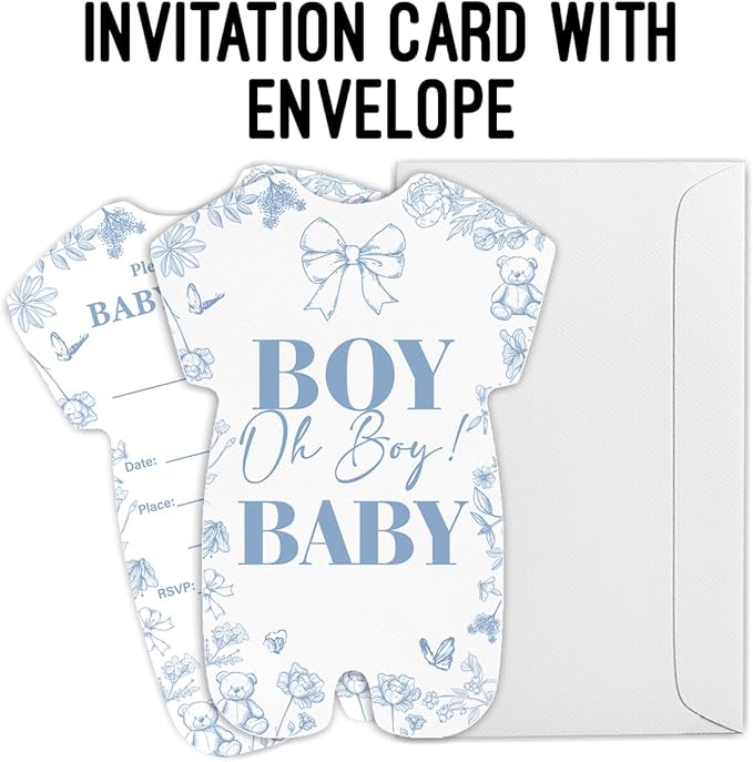 LyoGao Oh Boy Baby Shower Invitations - Dusty Blue Toile Bear Baby Shower Party Fill in Invites Cards With Envelopes (20 Pack)
