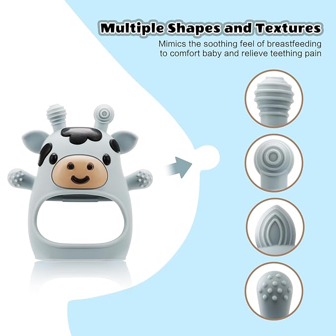 TOHIBEE 2 Packs Baby Teething Toys for 0-6 6-12 Months, Food Grade Silicone Adjustable Cow Teething Mitten, Chew Teether Toys for Teething Pain Relief, Baby and New Born Essentials, Blue & White