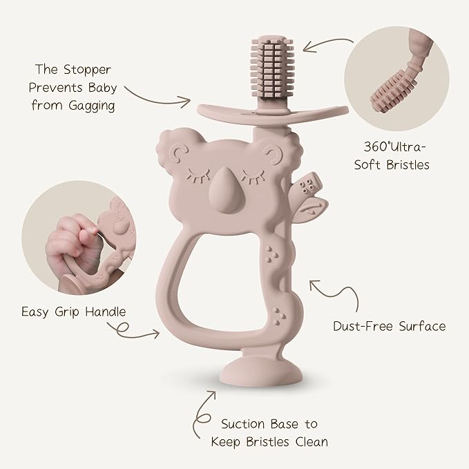 Moonkie Teething Toy Set of 2, Safe & Easy to Hold BPA Free Silicone Teethers, 360° Baby Toothbrush with Suction Base, Teether Toys Best for Babies 6-12 Months (Koala Blush/Shifting Sand)