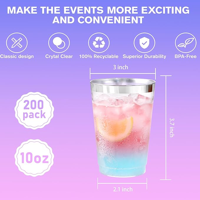 supernal 200pcs 10oz Silver Plastic Cups,Disposable Wine Glasses Cocktail Glasses Premium Cups,Party Cocktails Tumblers,Silver Rimmed Plastic Cup for Party,Wedding, Birthday,Thanksgiving Day
