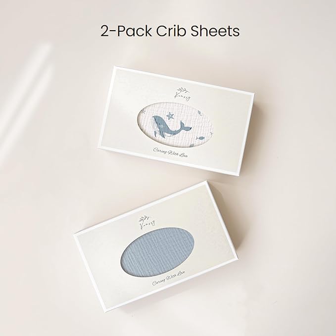 Konssy Muslin Crib Sheets 2 PCS, 100% Cotton Baby Crib Sheets for Standard Crib Mattress (28"x 52"), Soft and Breathable for Boys, Girls (Blue Whale,Blue)