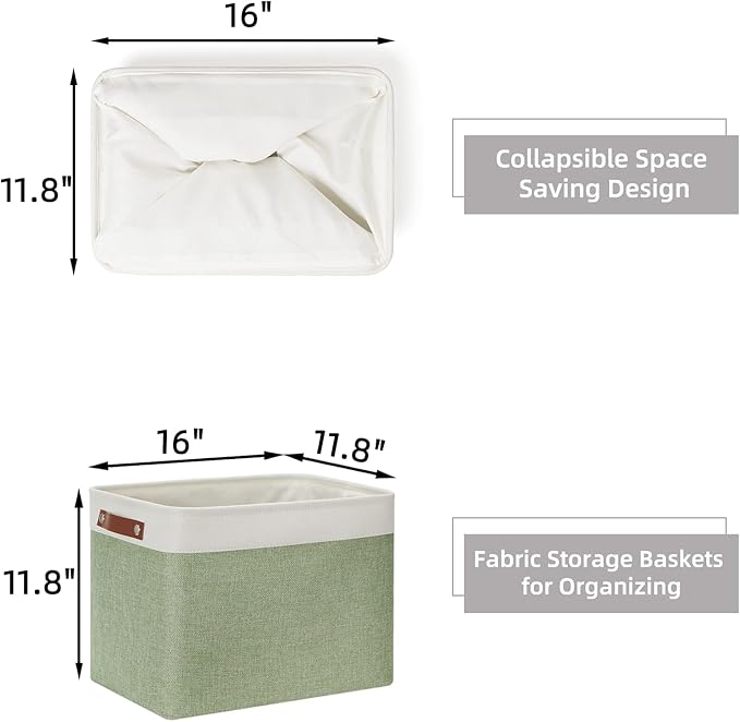 HNZIGE Large Fabric Storage Baskets with Leather Handles, Decorative Foldable Baskets for Organizing Closet & Home (Green, 16" x 11.8" x 11.8" - 2 Pack)