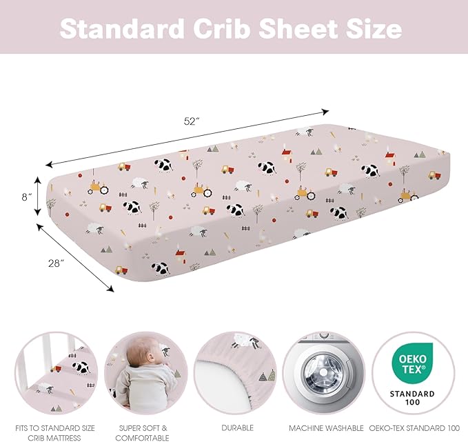 Little Grape Land Toddler Sheets 3 Pack – Baby Crib Sheets Fitted for Boys Girls, Standard Size 28x52‘’ Crib Mattress, Super Soft Breathable Washable Microfiber Pink Sheep