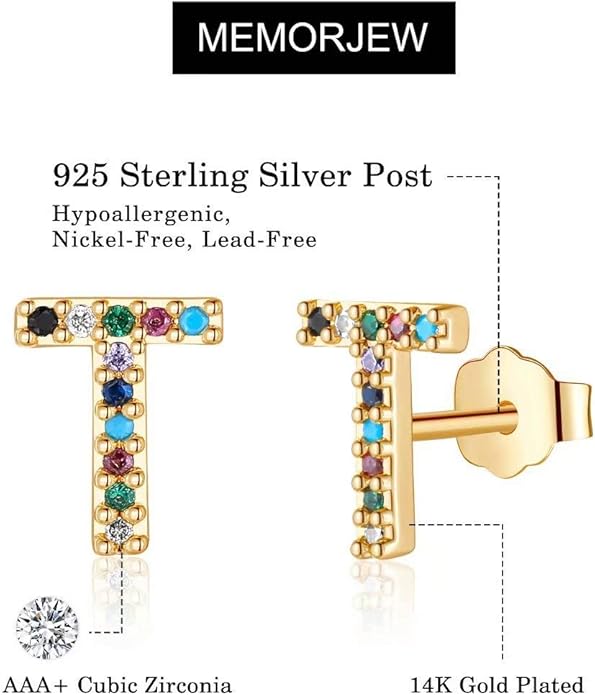 Memorjew Initial Stud Earrings for Women, Hypoallergenic 925 Sterling Silver Post Rainbow Cubic Zirconia Gold Plated 26 Initial Earrings for Women Jewelry Gifts