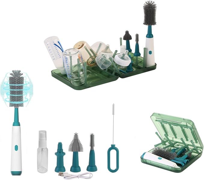 Portable Electric Bottle Brush Cleaner and Drying Rack Set, Foldable Bottle Drying Rack with 16 Ribs, Automatic Bottle Cleaner Brush Help Thorough Cleaning of Baby Bottles and Breast Pumps,Green