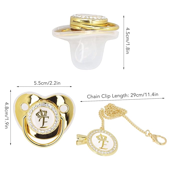 Personalized Golden Letter Baby Pacifier with Bling Design, Clips, Anti-Dust Cover for Newborn Photography, Letter E