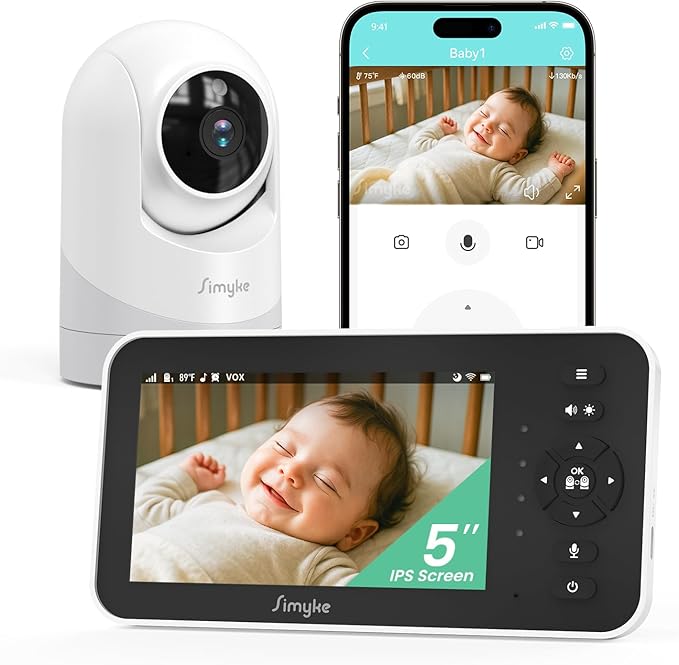 Video Baby Monitor with Camera and Audio,5'' IPS Screen,720P HD,App,Remote Pan/Tilt/Zoom Camera,Lullabies,Feeding Remind,HD Night Vision, VOX,2-Way Talk,Triple Security,1500ft Long Range