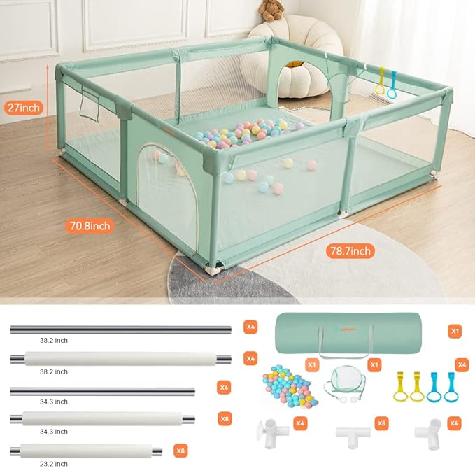 COMOMY Playpens for Toddlers, 79"x71" Baby Playard Extra Large, Safe Non-Slip Fence, Full Mesh Design, Indoor & Outdoor Kids Activity Center, Dark Green